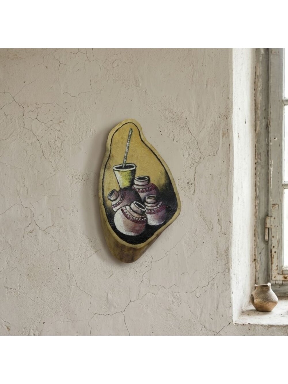 African Wood Slice Wall Art Hand Painted Pottery Vessels Live Edge Shona Decor 7